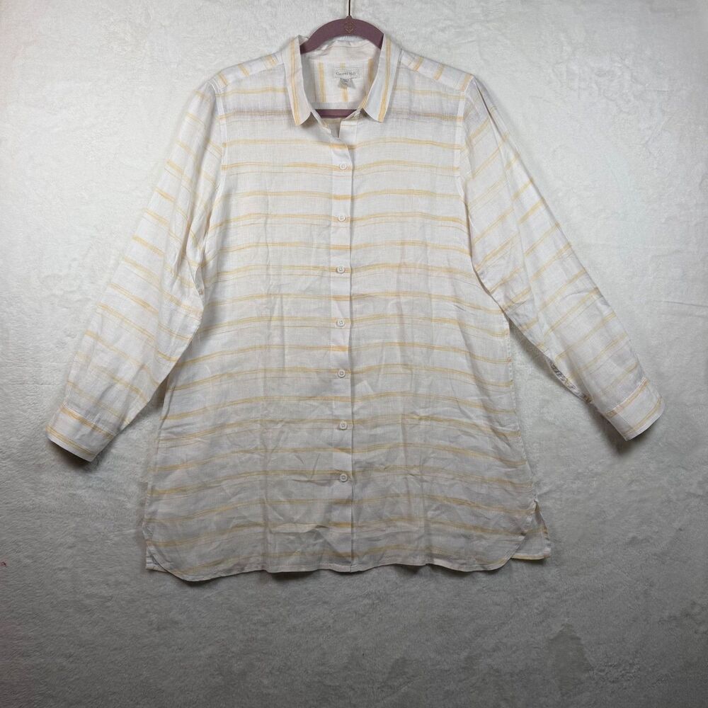 Garnet Hill Easy Linen Tunic Shirt Women PL White Yellow Stripe Button Down